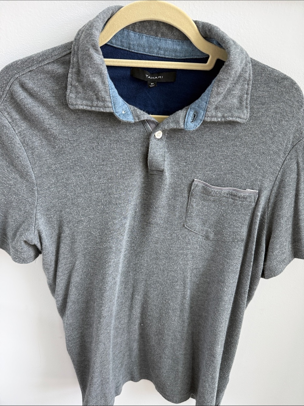 Tahari Men's Heather Gray Polo with Contrast Chambray Trim